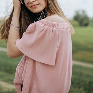 off the shoulder pink pleated flowy top
